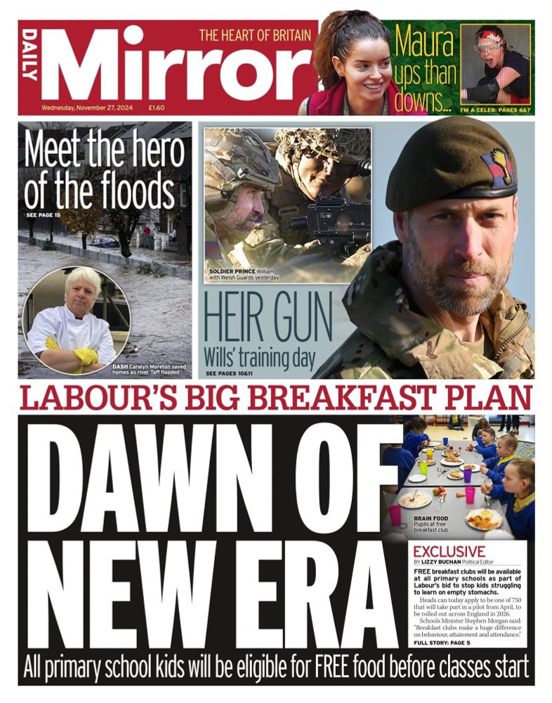 Mirror newspaper with text: "Dawn of new era. All primary school kids will be eligible for free food before classes start."