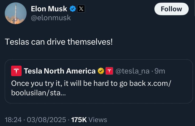 Elon Musk tweeting that his ugly and stupid Tesla cars can drive themselves