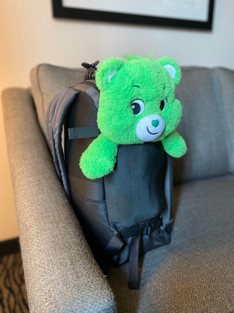 a dark grey backpack stuffed very full. In the side pocket is the green carebear good luck bear, who appears to be smiling mischievously at the camera.