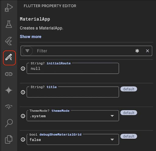 The property editor UI in VS Code, showing inputs for the MaterialApp widget's initialRoute, title, themeMode, and other fields. Each input's value is synced to the real value written in the developer's actual code.