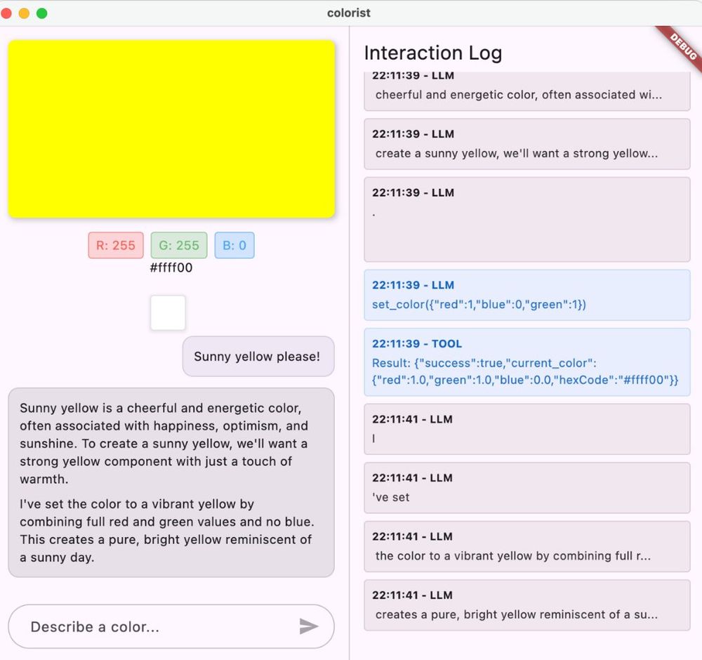 The UI of a Flutter app where developers build an interactive chat app with Gemini to explore dynamic color options based on desired moods and vibes.