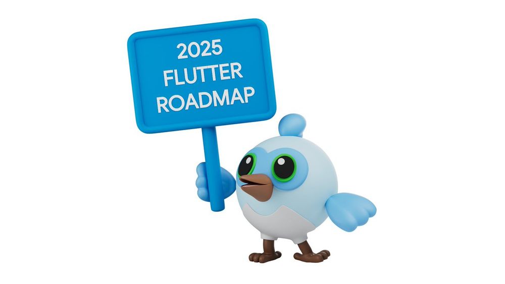 Dash, the Flutter mascot, holding a blue sign that reads "2025 Flutter Roadmap"