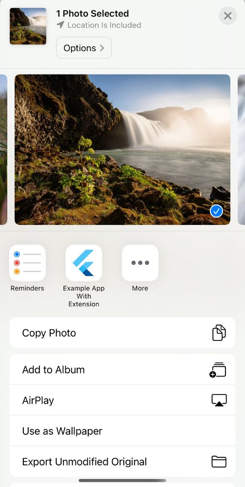 A photo interaction interface which shows a Flutter app from the device as a target destination for the selected photo