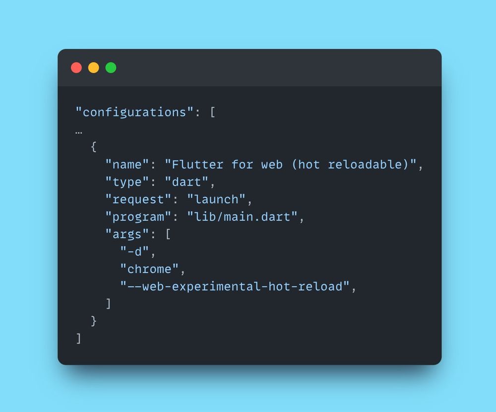 A JSON snippet showing how to configure hot reload for Flutter web