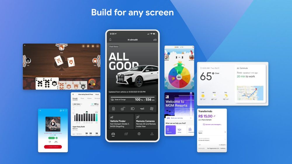 A mash up of different UIs on different devices all built with Flutter, with the caption "Build for any screen"