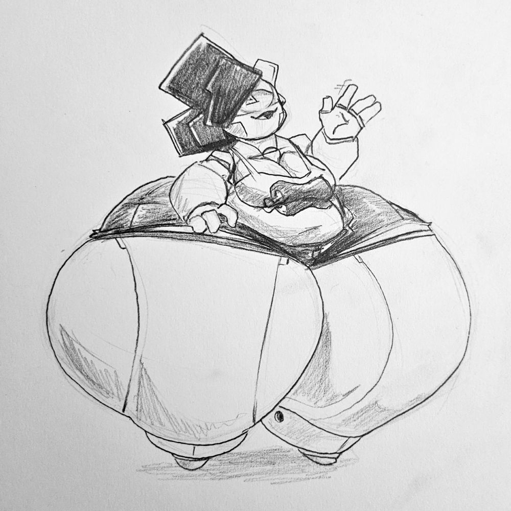 A robot woman with immense thighs and butt waves slightly at the viewer, single eye nonchalantly looking to her right. There's a picture of a cartoon meat-on-bone on her tank top, and she wears straining short shorts.