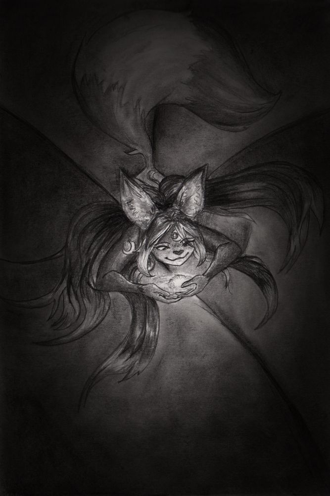 An Umbreon woman with long hair and waxing crescent moon markings holds reality in her cupped hands. She is posed resting on her stomach, though she is truly resting on her omnipresent cleavage as her hyper breasts spill outward beyond the sides and bottom of the canvas. Her hyper ass also fills the canvas to the top. Her expression is calm and focused on what she holds, which illuminates only her face and arms clearly.