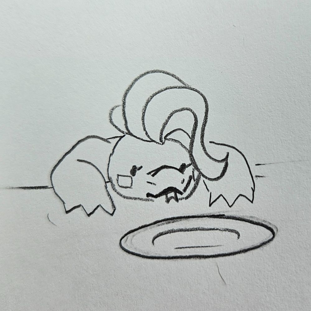 Doodle of a snake girl in a simple style flopped onto a table with an empty plate in front of her.
