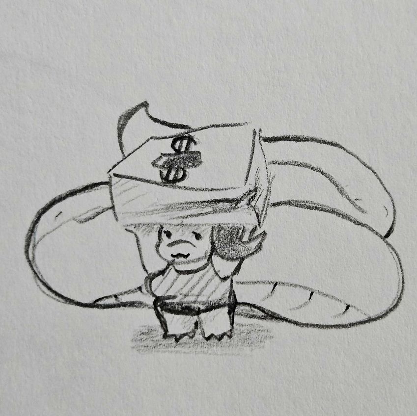 A doodle of a tiny snake lady with a big and long tail curling behind her. She's doing the :3 face and is holding over her head a box with a dollar sign and a slot in it.