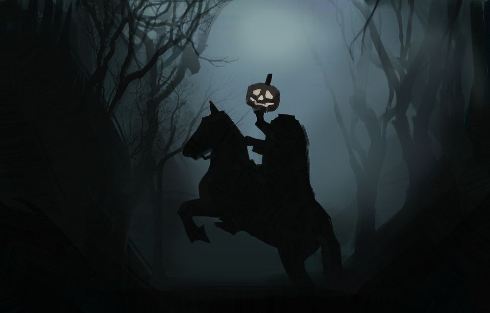 Headless Horseman holding a Jack-o'-lantern in a dark forest