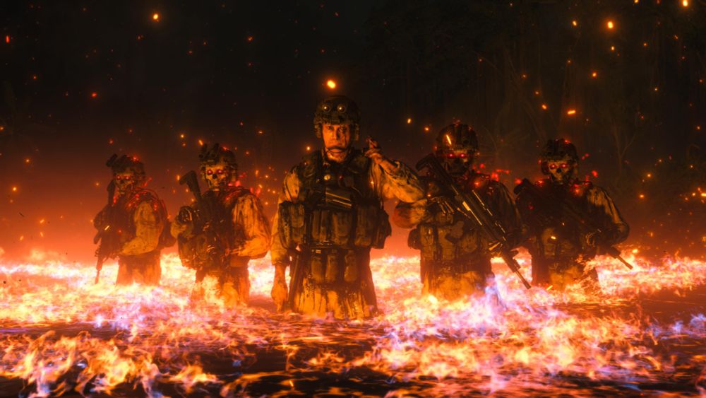 Death Stranding screenshot showing soldiers standing hip deep in burning liquid 