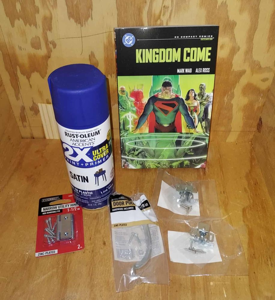 I love Kingdom Come and they had a new edition for $10! Congrats, users of my free Library, you get to read a masterpiece! Ink blue paint for the outside, simple hinges, a handle, a latch, and a backup latch if needed. All sitting inside the box.