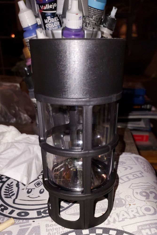A small solar light I have stripped some unnecessary parts off. I'm going to 3D print some bits to dress it up, and this might be a good hint, between this and the blue paint, what the Book Box will look like when dressed up.