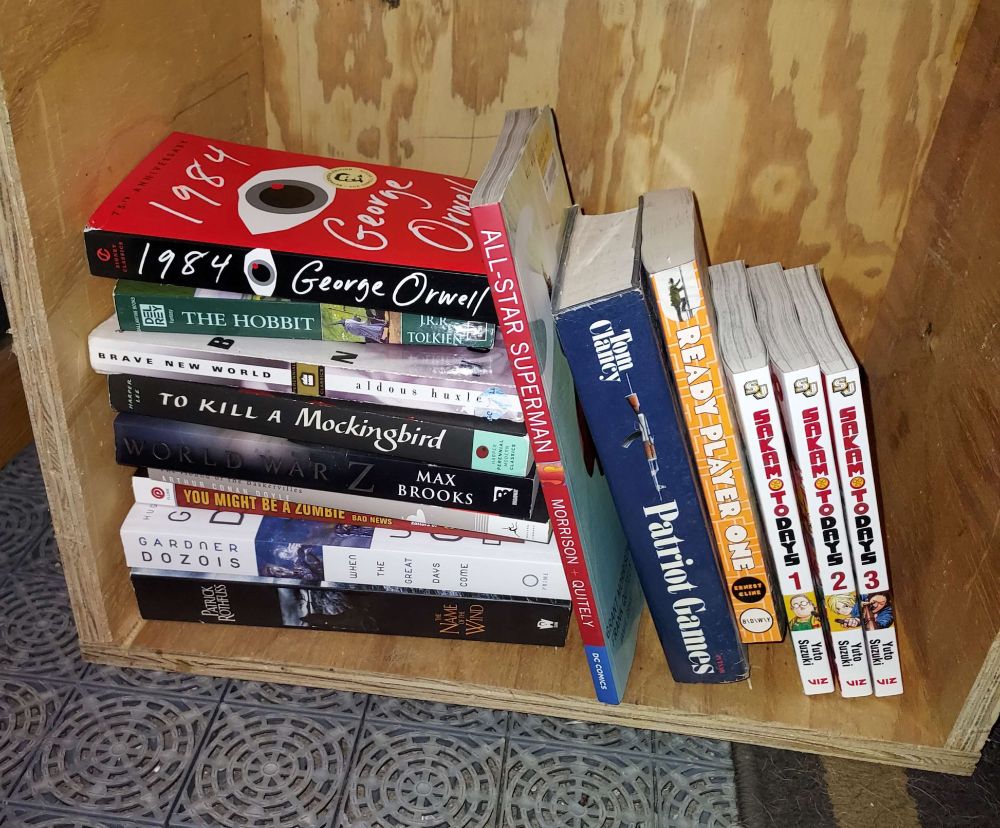 So, the Book Box will have 1984, Brave New World, To Kill a Mocking Bird, and more on the way! While we're also teaching compassion, All Star Superman's thrown in! Then some unrelated books, Sakamoto Days, World War Z, and more, and a couple of 'huh, didn't know I had these' like Ready Player One, Patriot Games.