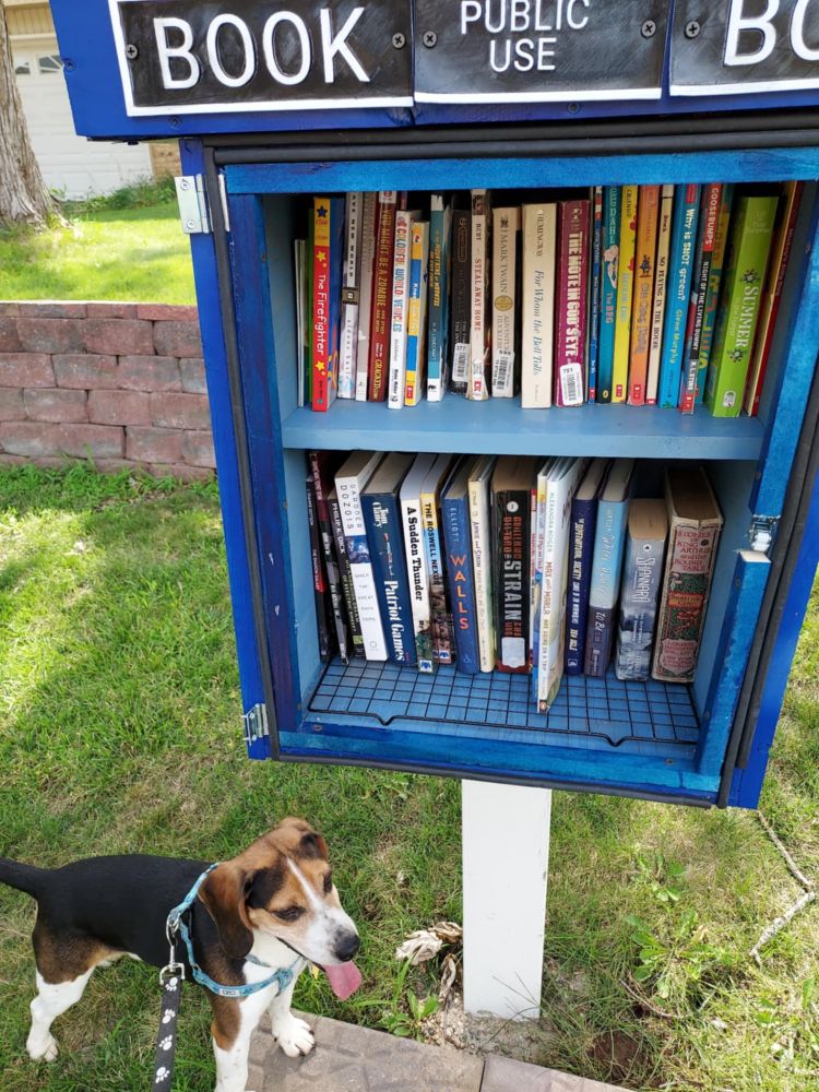 My TARDIS LFL with the door snapped off, still stocked with unharmed books. Below is my new pup, Gonzo, standing guard. Forgot to take a pic of the door lying in the yard because I had to take care of Gonzo.