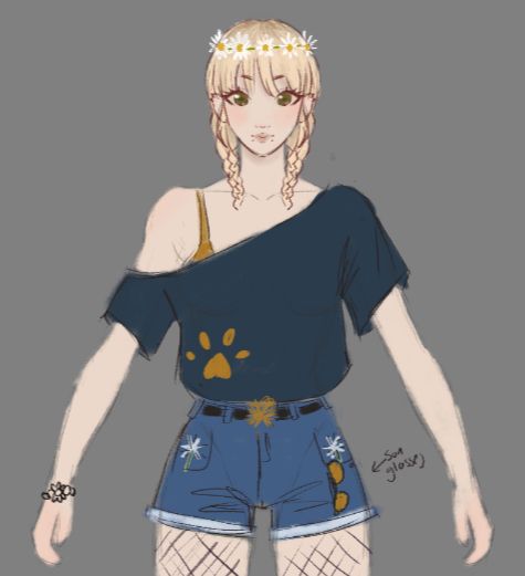 Front facing image of a blonde girl with green eyes and braided pigtails wearing a daisy flower crown and a dark navy offshoulder shirt with yellow tank top peaking through. Theres a yellow paw print on the shirt. She's also wearing blue jean shorts and theres sunglasses hanging out of her pocket.