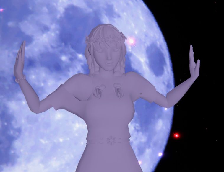 A vrchat avatar with no textures with arms up pushing away from her body.