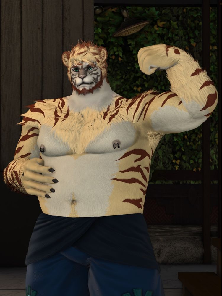 The tiger-Hrothgar emulating the same pose in game, shirtless, flexing his left arm and resting his right hand on his tummy.