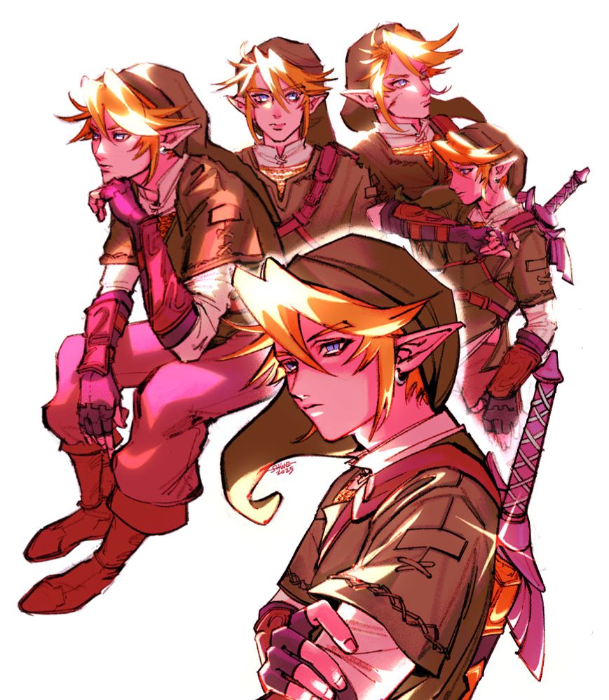 Five Twilight Princess Links in various poses with a heavy pink palette and glowing highlights and hair (L-R) sitting full-body with a hand on his chin; front-facing bust looking to the right; right-facing head-shot with a little blood on his cheek; left-facing half-body with his right arm up; foreground larger bust with bright highlights from above and below him