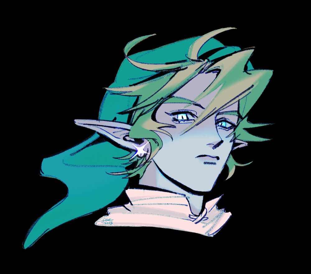 twilight princess link facing right headshot on a plain black background; very muted blue and green tones and a diamond star shine on his earring