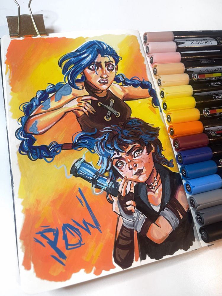 Sketchbook art of Isha and Jinx from arcane, fanart of scene from season 2, episode 6. Tooli markers used for the piece can be seen on the side.