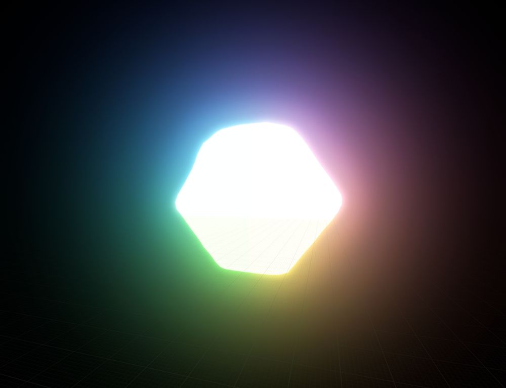 A hexagonal 3D object emitting a gradient of different colored lights in a radial rainbow