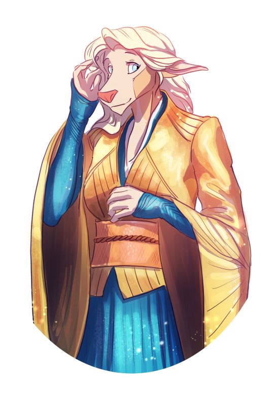A bothan OC wearing one of the outfits worn by Mon Mothma in the series 'Andor'; while the bothan herself looks a little self conscious, her outfit glows in gold and pearlescent blue, regal and flattering with sleeves that look like they trail for days.