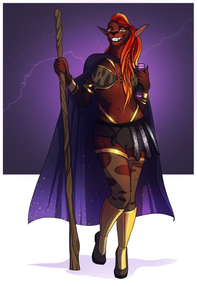 A digital illustration of a bothan with a huge, cocky grin, striking a pose in her wrestling gear with some wizardy props.