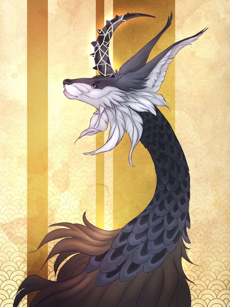 Digital bust illustration of a dragonlike creature, with a vaguely canine face, patterned feathers and long, tufted ears.