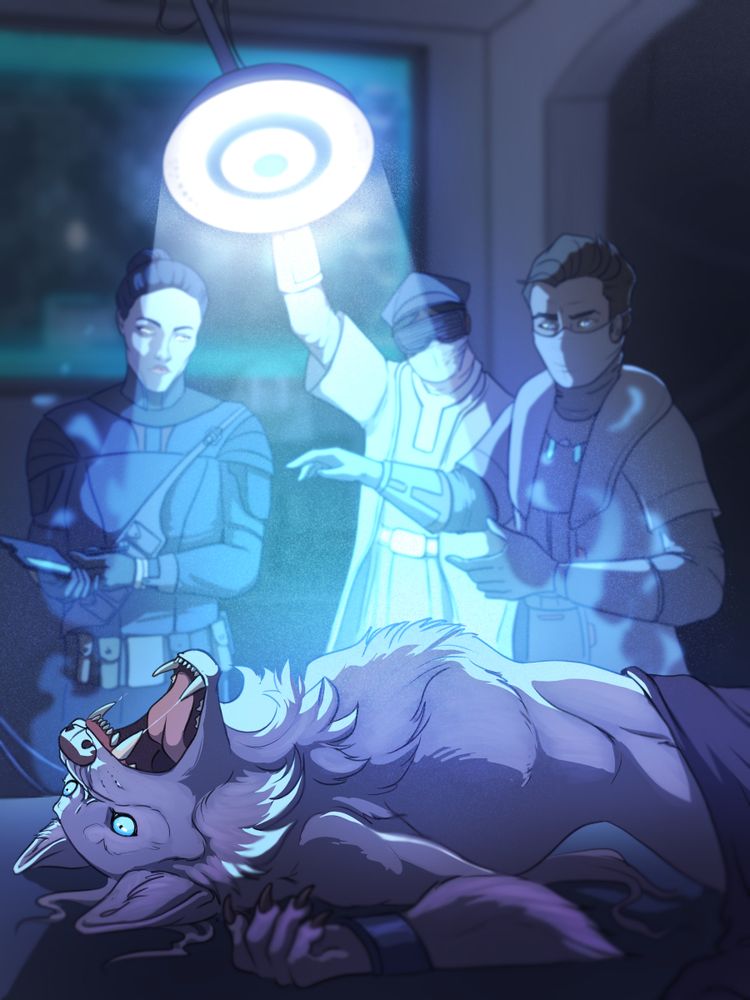 A vivid illustration of a werewolf shackled to a lab table, bucking and snarling under a bright spotlight while a trio of Imperial science personnel observe and document her.