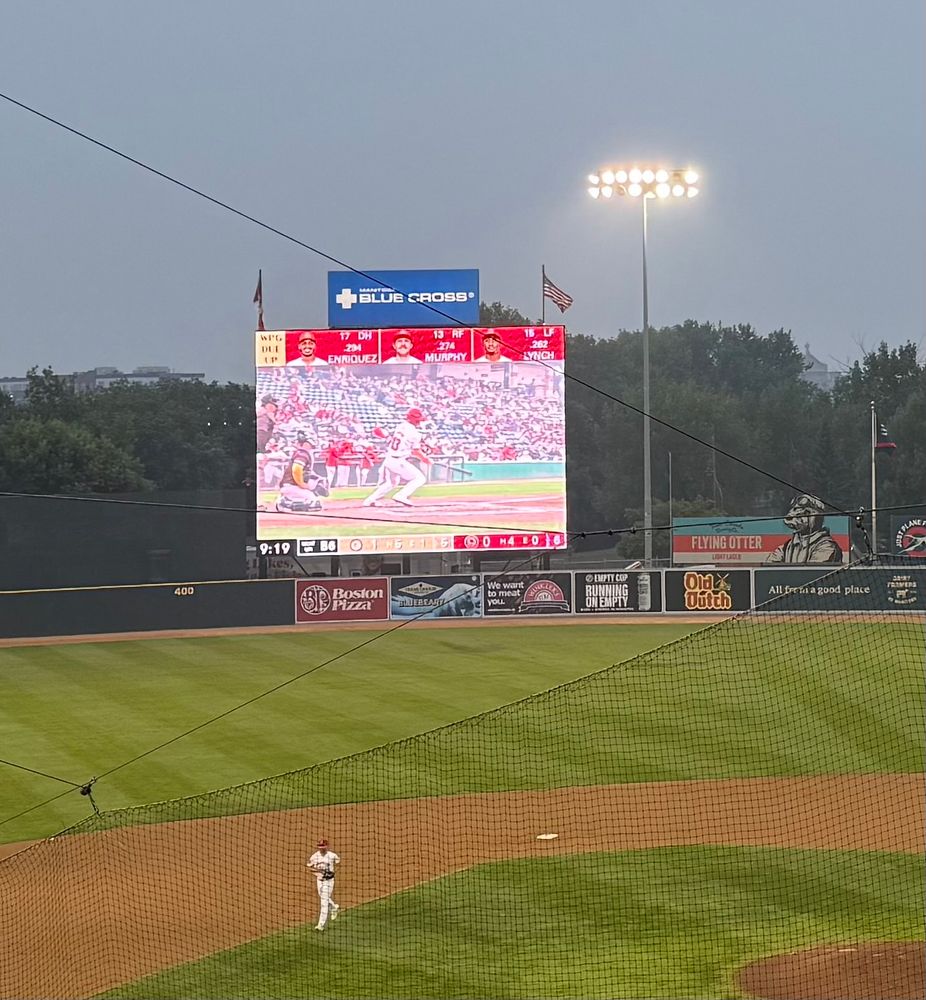 Picture of Blue Cross park showing the jumbotron and a very smoky sky. The lights are showing just how much smoke is in the air. 