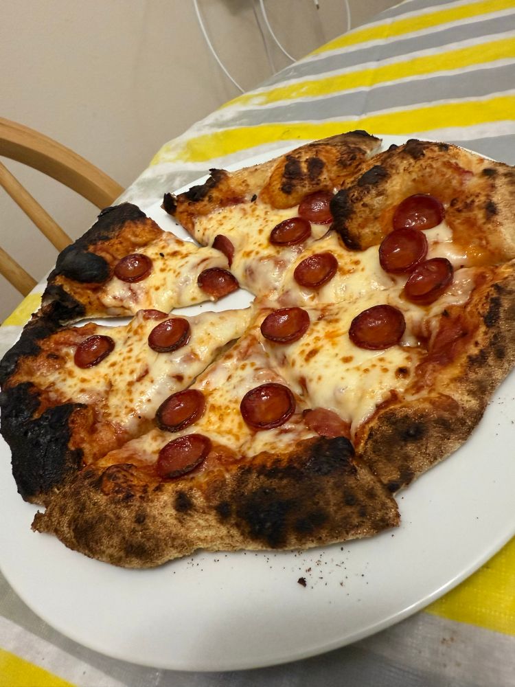Classic pepperoni pizza! Cup and char pepperoni, but I put it too deep into the oven so the pep wasn’t the only thing charring 😂