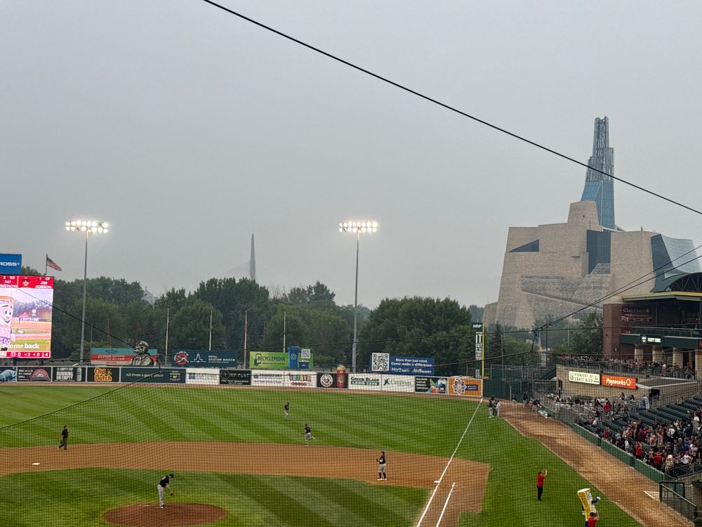 Smokey night at the Goldeyes baseball game. 