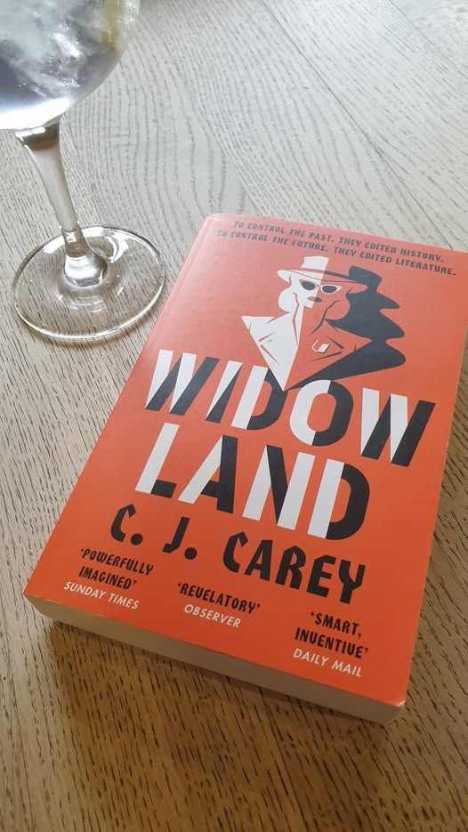 Picture shows cover of Widowland by C J Carey - a head and shoulders graphic of a woman against an orange background.
