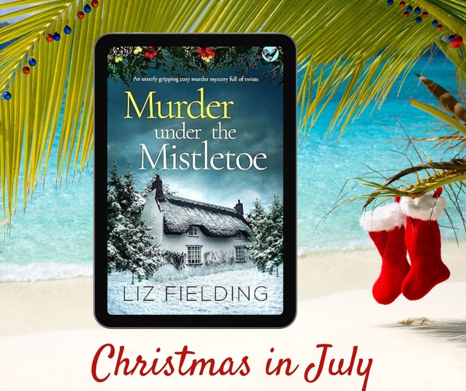 Cover of Murder Under the Mistletoe - a snowy scene with a thatched cottage and threatening sky - against the backdrop of a tropical beach with red Santa stockings.
