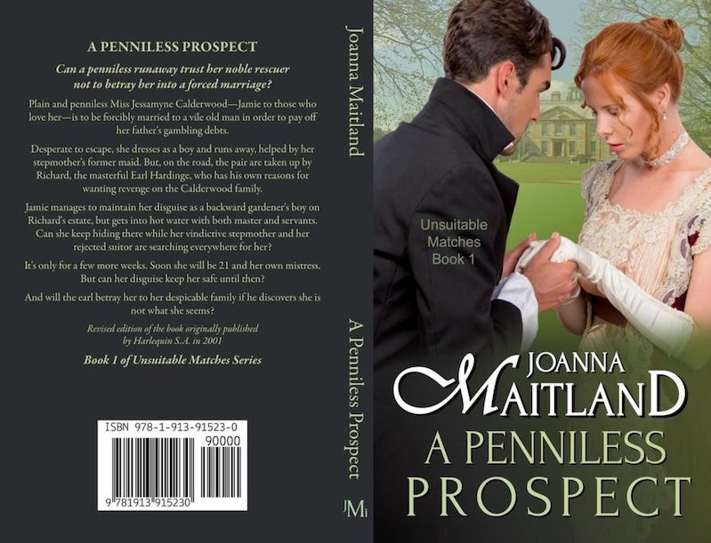 Picture shows the cover of A Penniless Prospect by Joanna Maitlans - a handsome Regency couple with a stately home in the background.