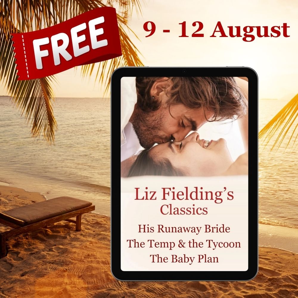 Picture shows a tablet with the cover of Liz Fielding's Classics, His Runaway Bride, The Temp & the Tycoon and The Baby Plan. It is set against a tropical beach at sunset.