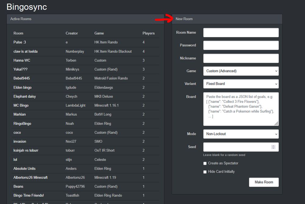 it shows the room setup window on bingosync website