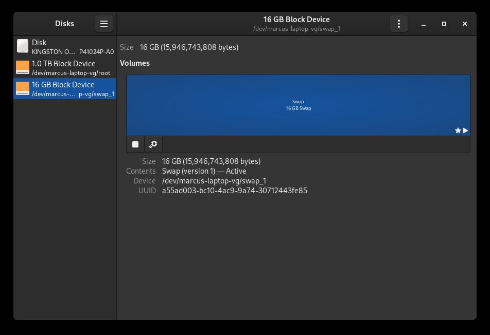 A screenshot of the gnome disks manager showing I have a 16 GB swap partition.