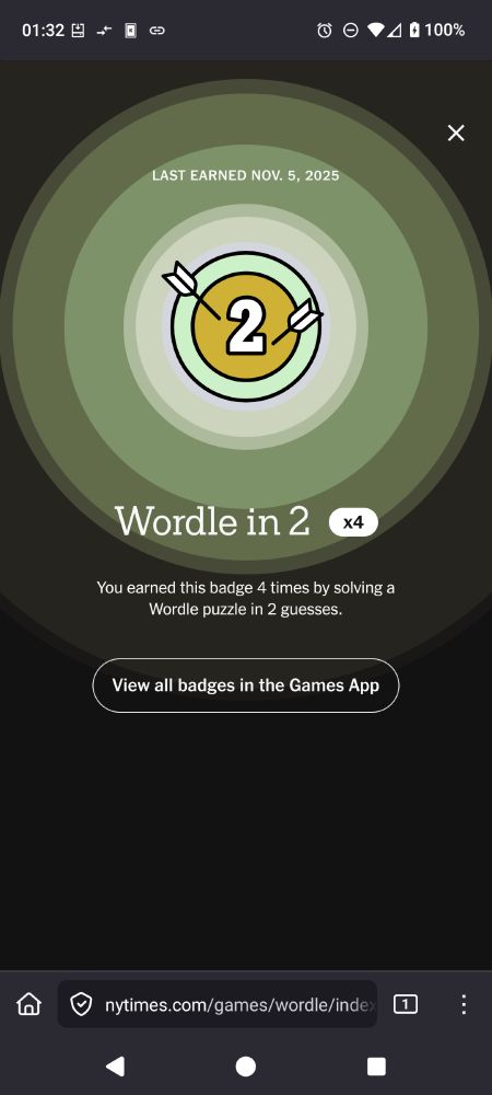 A screenshot showing my "Wordle in 2" badge and a message stating I've earned it 4 times.