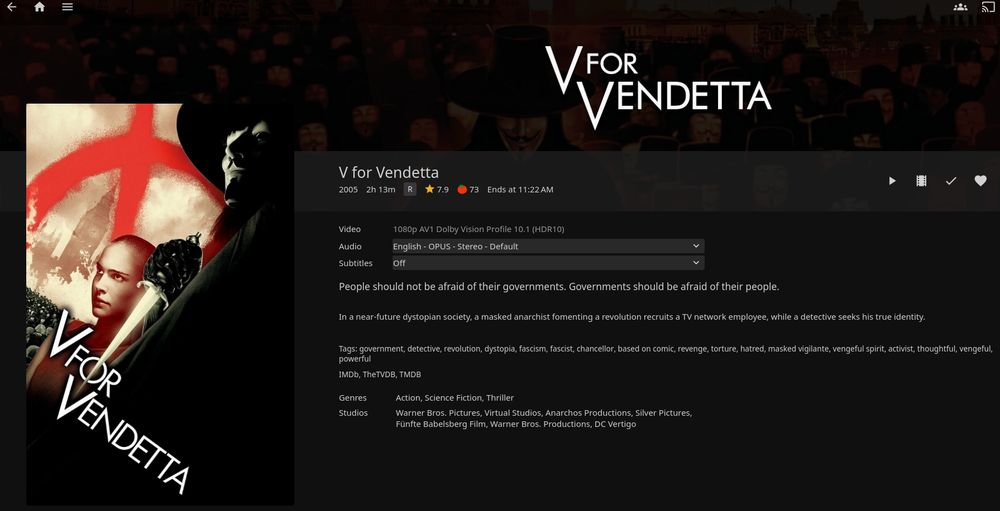 A screenshot of my Jellyfin server's page for the movie "V for Vendetta".