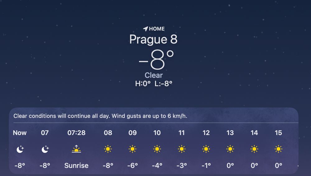 Mac weather app screenshot showing that it's minus 8 degrees in Prague and that the top temperature today will be 0 degrees