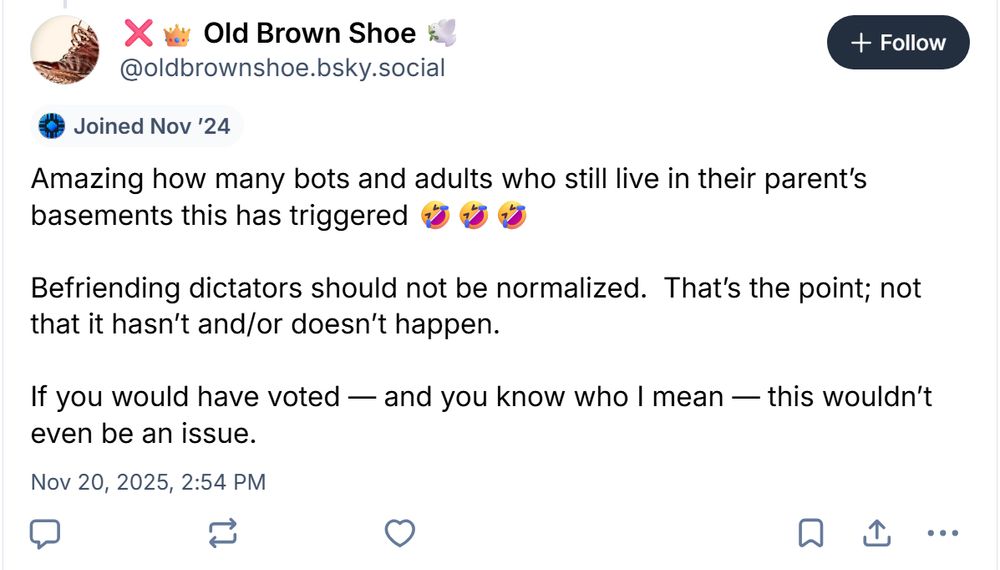 
@oldbrownshoe.bsky.social


Amazing how many bots and adults who still live in their parent's
basements this has triggered

Befriending dictators should not be normalized. That's the point; not
that it hasn't and/or doesn't happen.

If you would have voted - and you know who I mean - this wouldn't
even be an issue.

Nov 20, 2025, 2:54 PM



