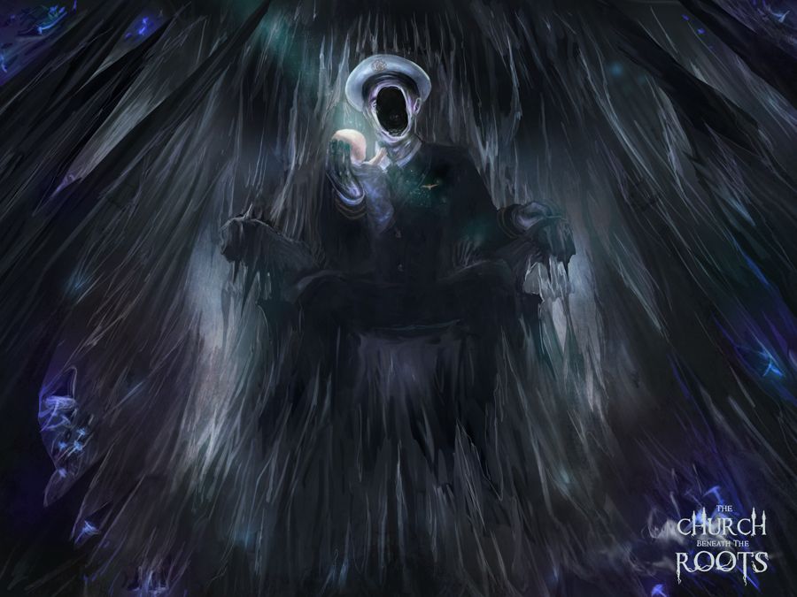 Digital illustration of a man in a pilot's uniform, seated on a throne in a cave surrounded by stalagmites and glowing mushrooms. His skin is purple and greyish. He is holding a live baby in one arm, which reaches towards his face, which is mostly obliterated by a black hole with glints of light in it. 