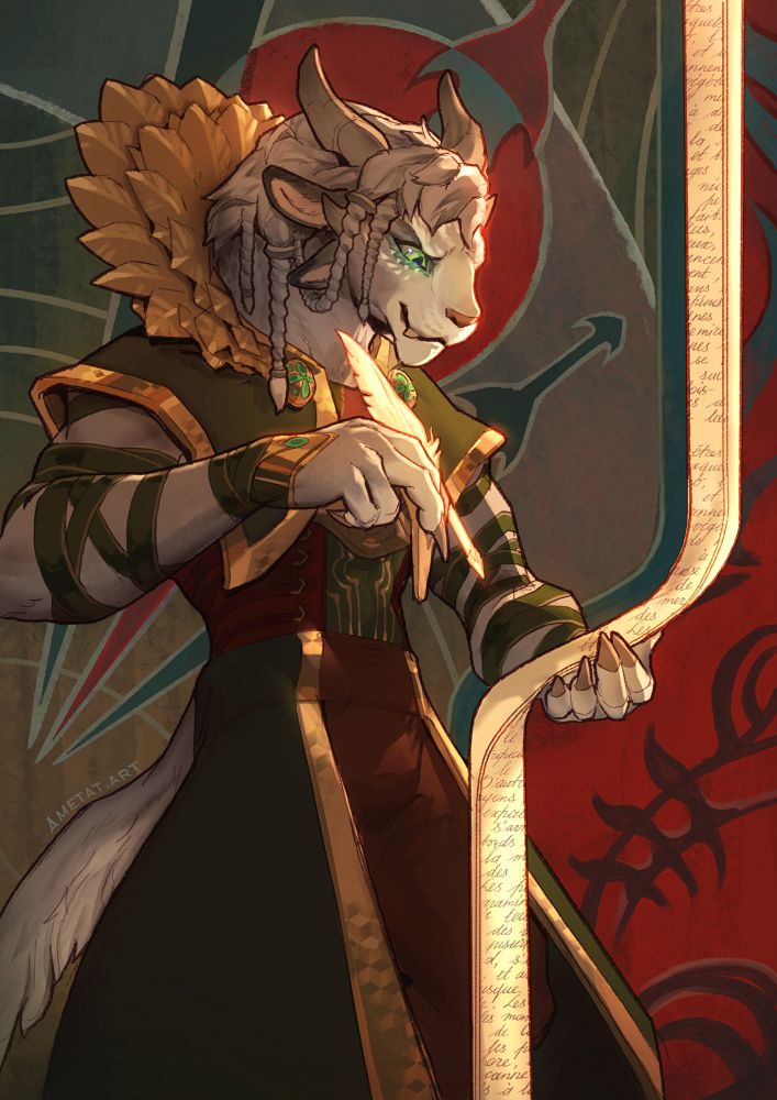 a charr in green and gold clothing writing on a long scroll of paper