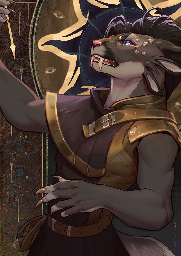 a grey charr inspecting a golden arrow with a golden background