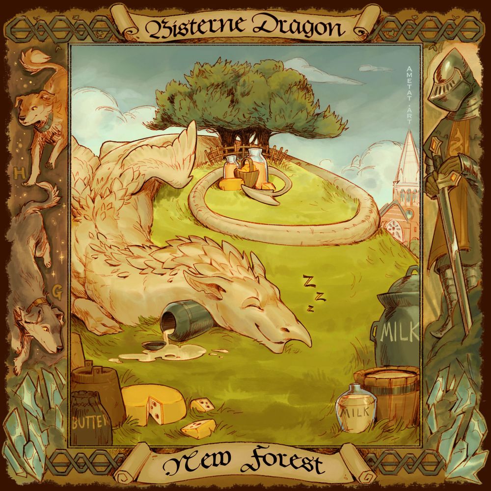 a white dragon surrounded by cheese sleeping on a green hill