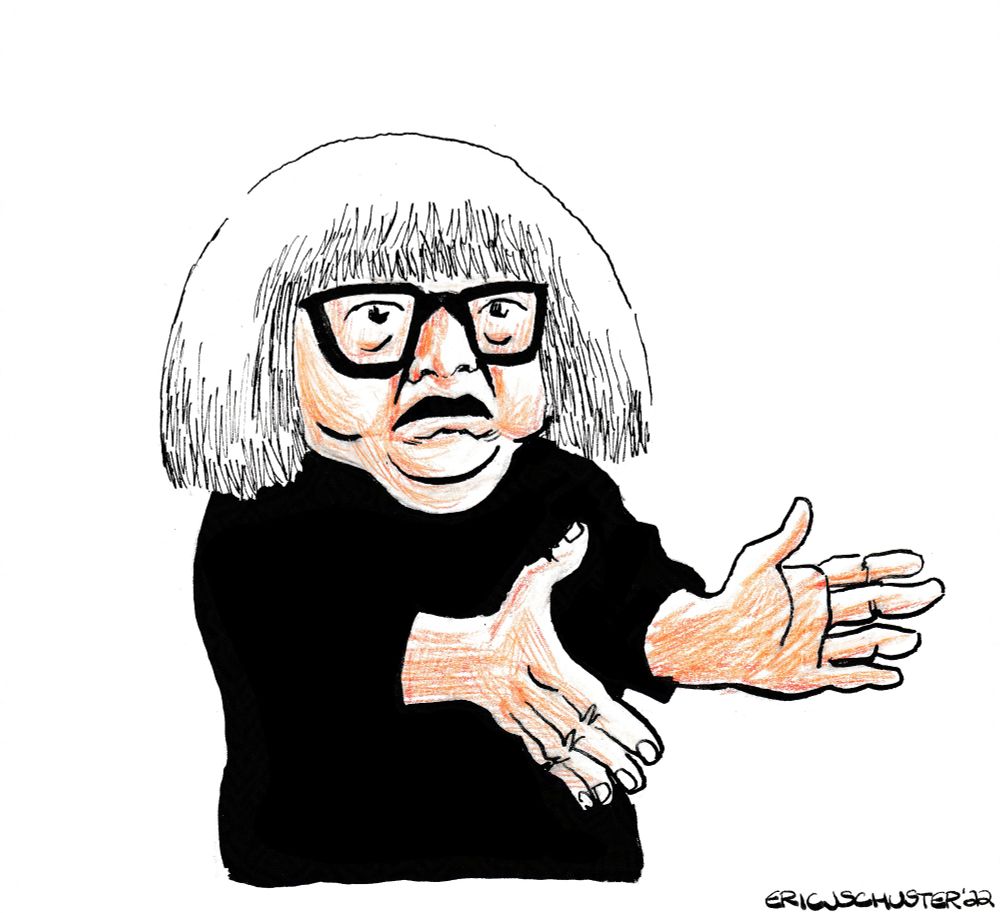 A drawing of Danny DeVito wearing a white bob cut wig and giant glasses, gesturing with disapproval 