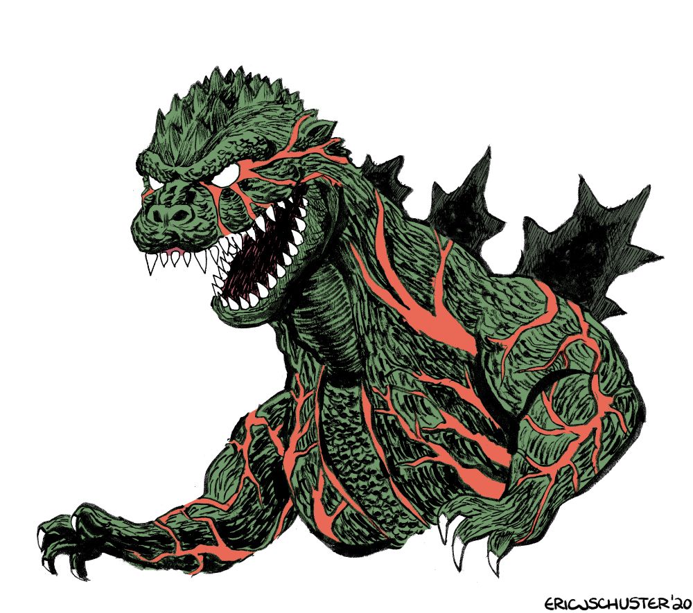 A spiny dinosaur with glowing red cracks spidering through its skin