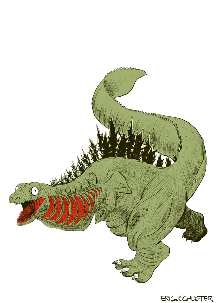 A drawing of a derpy dinosaur with little chicken wing arms and prominent red gills